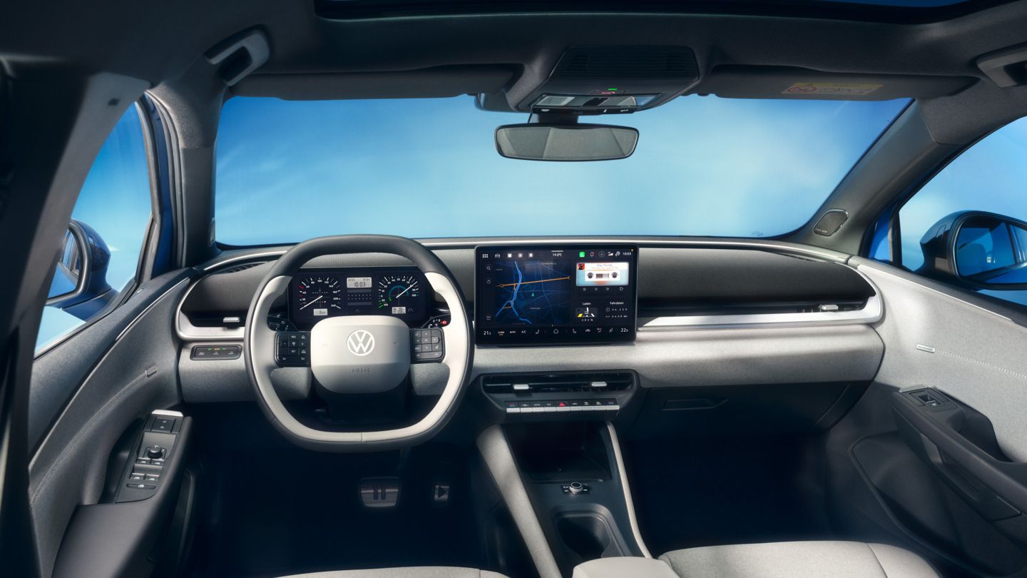 "A VW ID. Polo műszerfala a kormánnyal és az infotainment rendszerrel. "