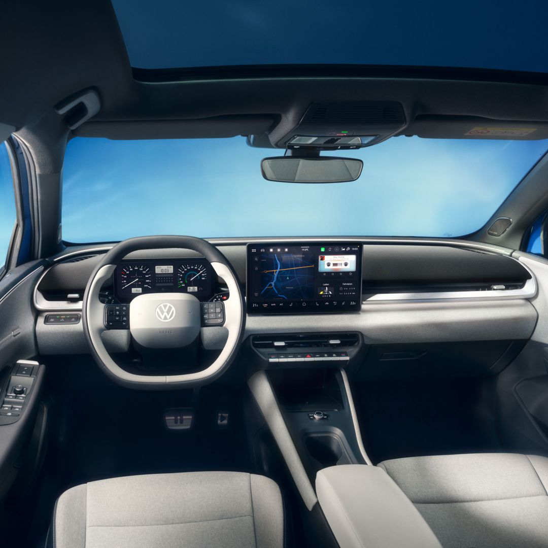 "A VW ID. Polo műszerfala a kormánnyal és az infotainment rendszerrel. "