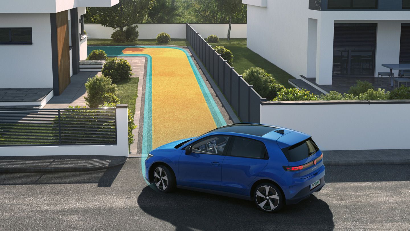 Az illusztráció sematikusan, egy VW ID. Polo példáján mutatja be a parkolássegítő rendszer memóriafunkciójának működését.