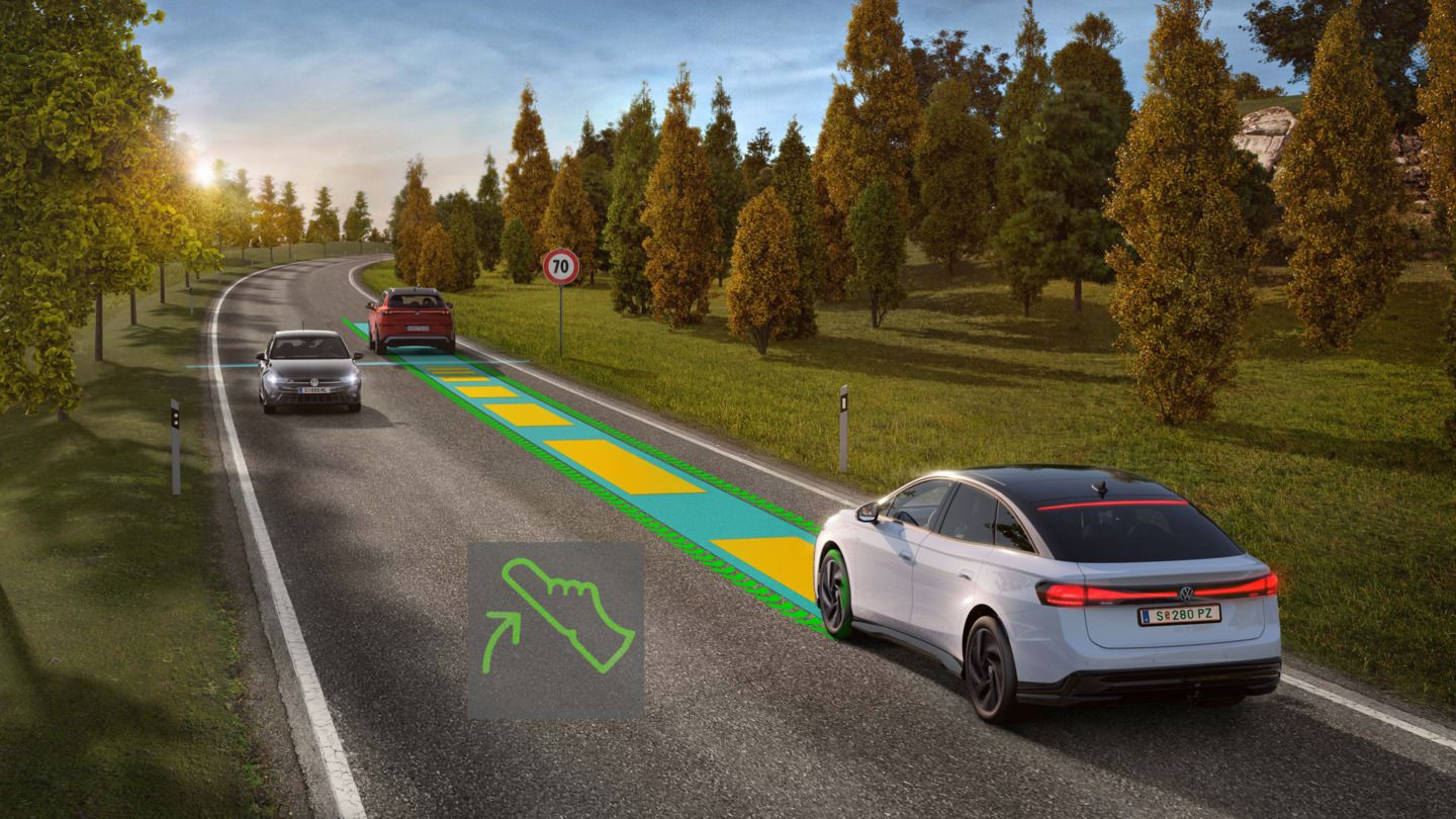 Az illusztráció sematikusan, egy VW ID.7 példáján mutatja be az Eco-asszisztens működését.