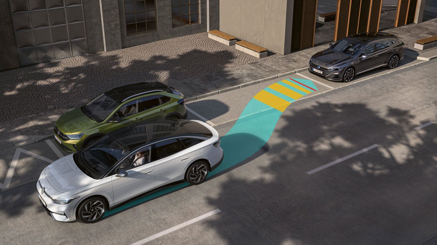 Grafik zeigt den VW Park Assist im VW ID.7