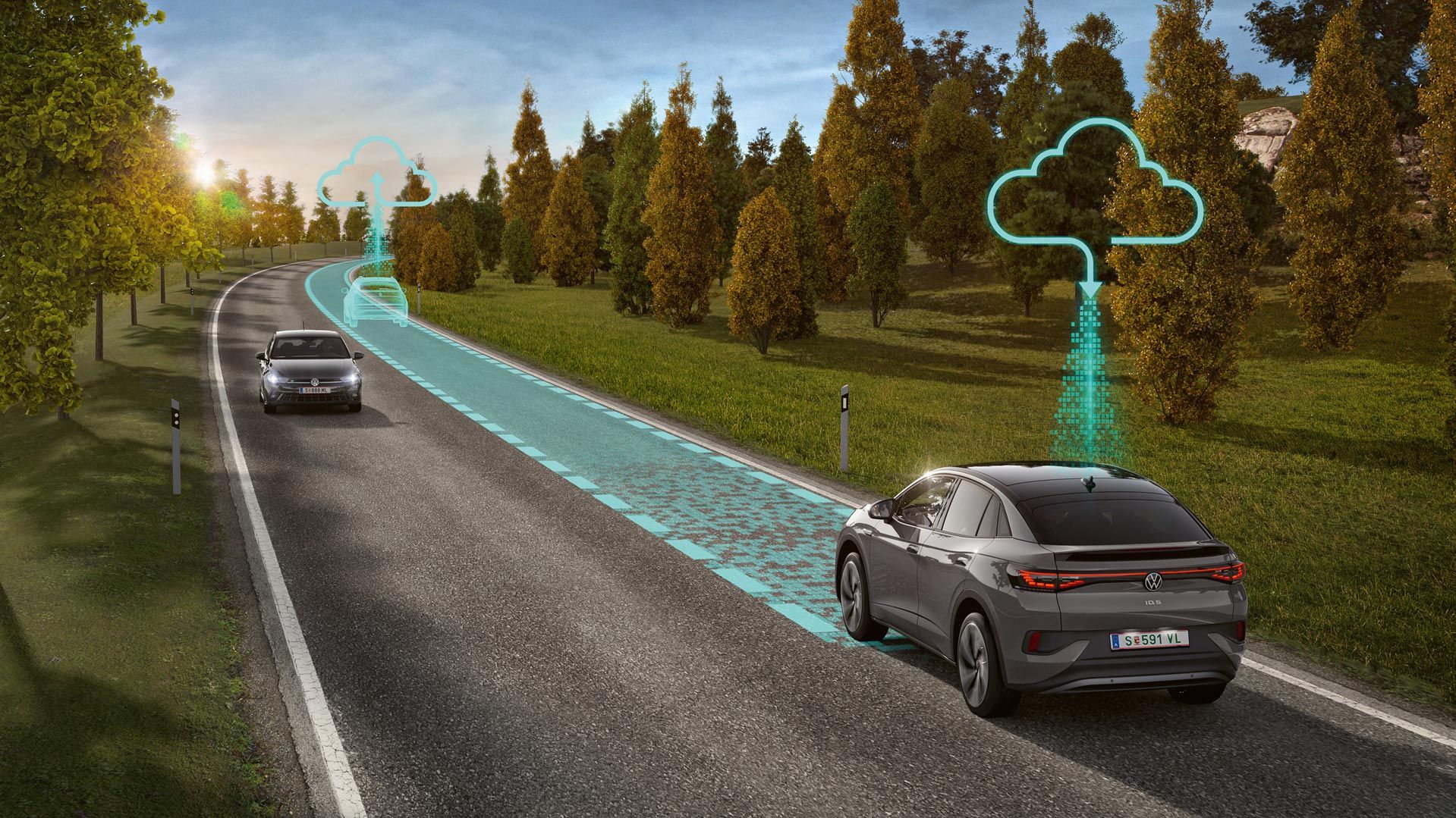 "Az illusztráció sematikusan, egy VW ID.5 példáján mutatja be a tömeges helymeghatározási adatokat használó Connected Travel Assist működését.  "