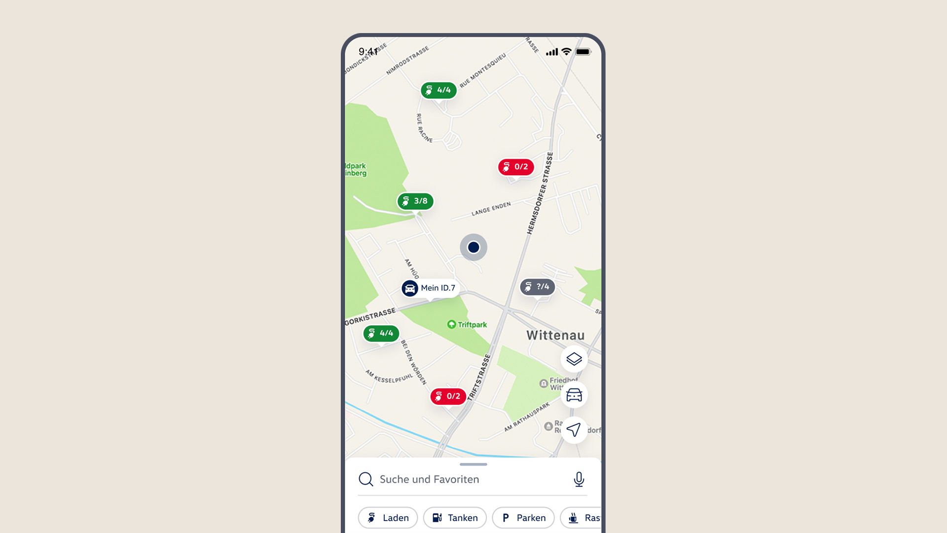Tekintse meg a Volkswagen alkalmazásban a térképet, a jármű helyzetét és a környékbeli töltőpontokat.