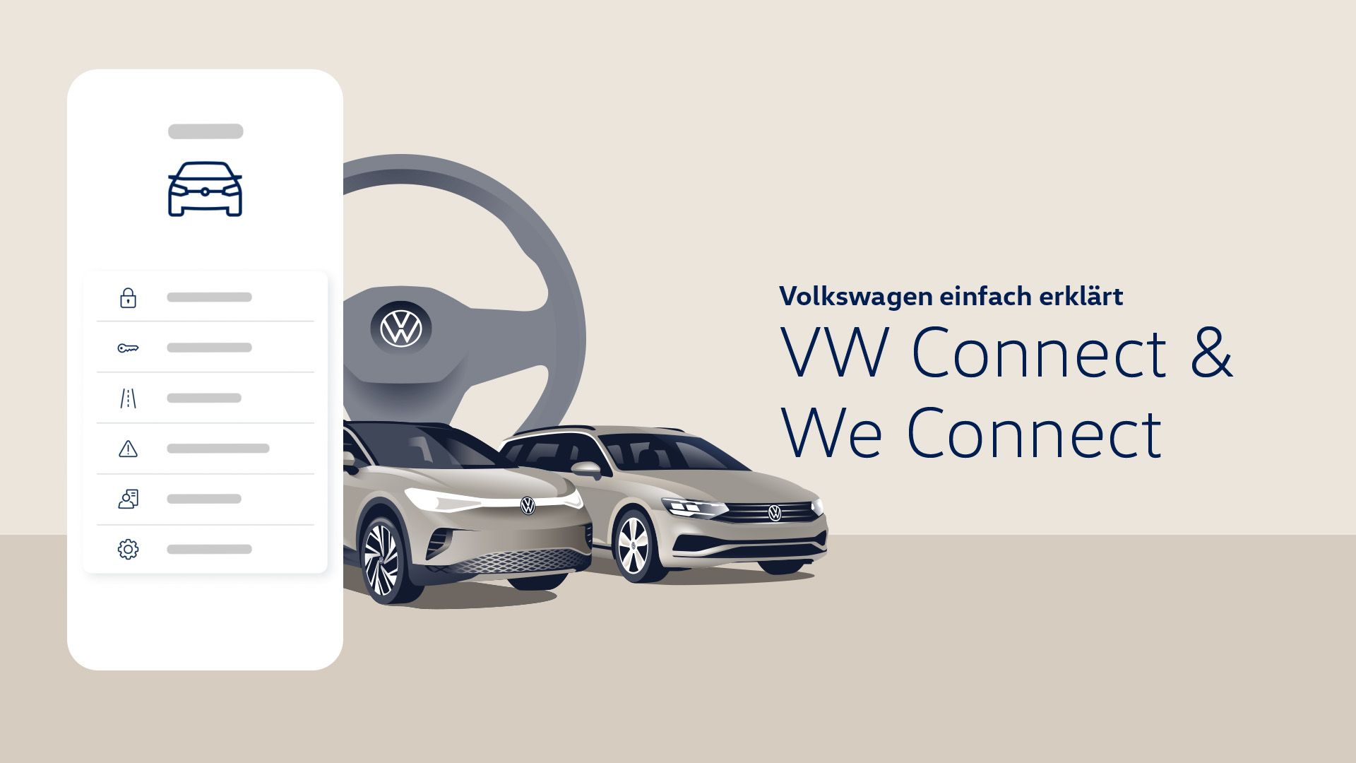 A grafikusan megalkotott képen két Volkswagen, egy kormánykerék és a Volkswagen alkalmazás képernyője látható.