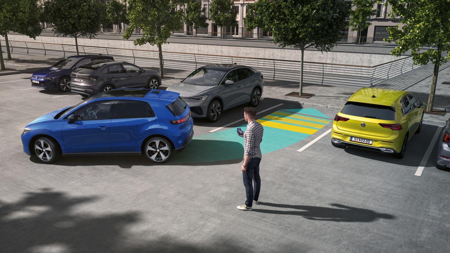 Az illusztráció sematikusan, egy VW ID. Polo példáján mutatja be a Park Assist Pro működését.