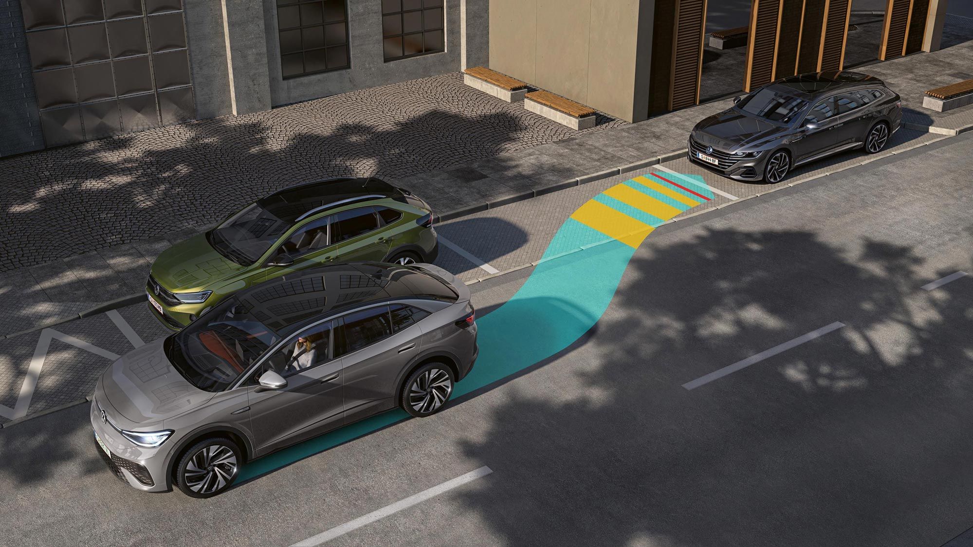 Az illusztráció sematikusan, egy VW ID.7 példáján mutatja be a tolatóasszisztens működését.