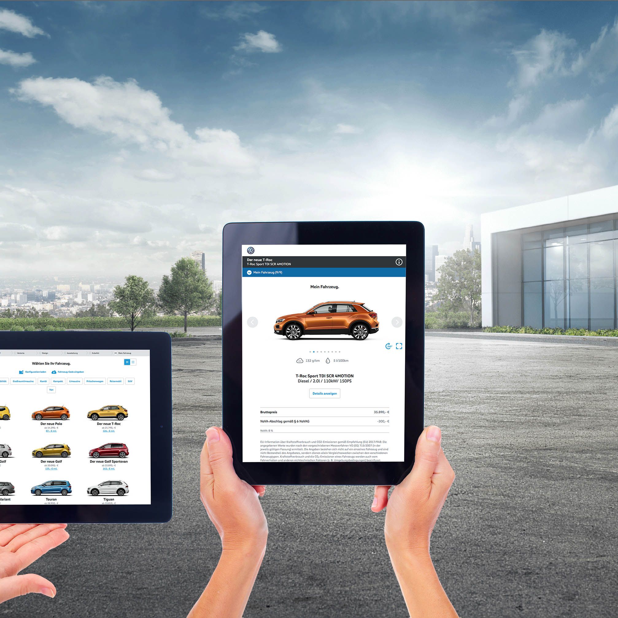 VW konfigurátor egy márkabolt előtt