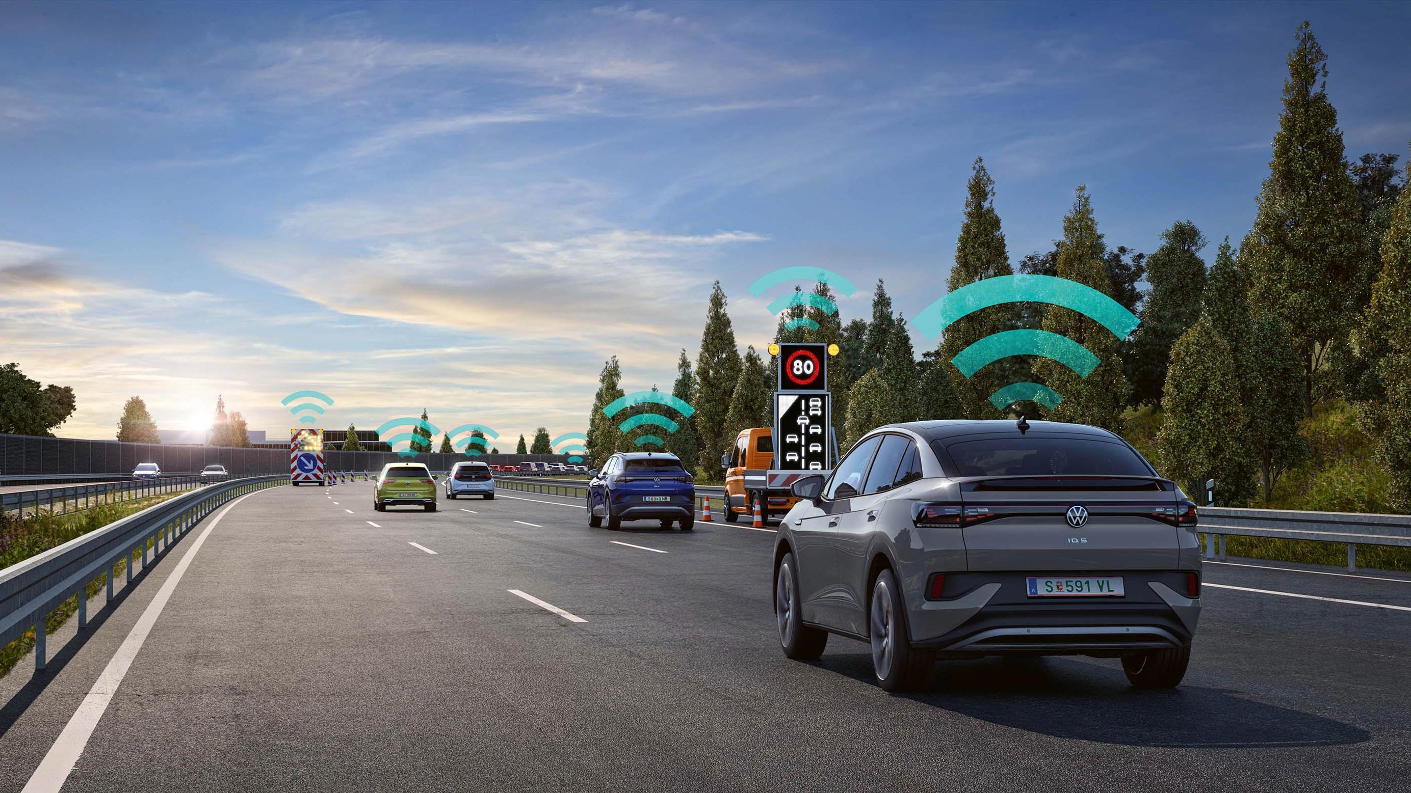 Az animáció a veszélyfigyelmeztetés (Car2X) működését szemlélteti. 