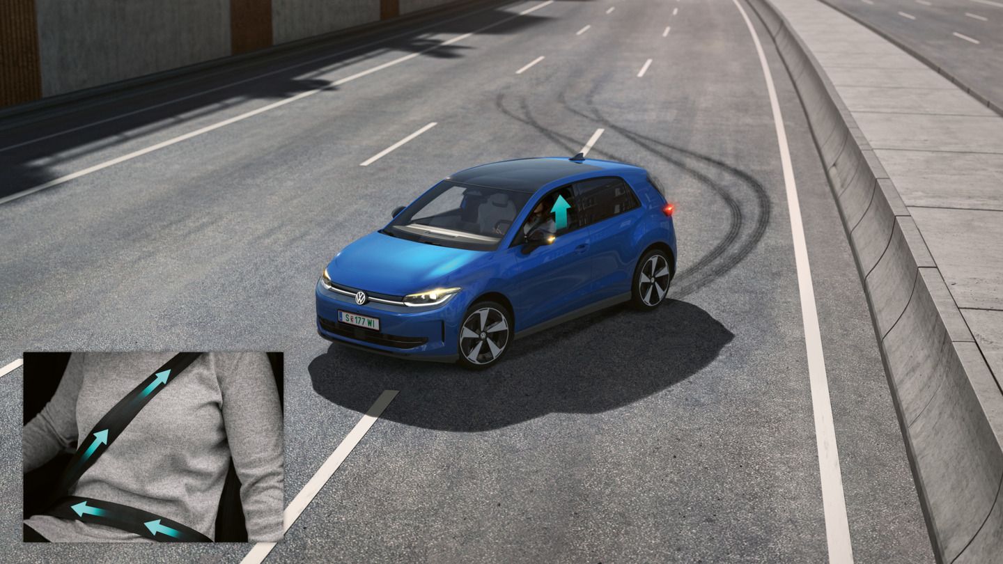 Az illusztráció sematikusan, egy VW ID. Polo példáján mutatja be a proaktív utasvédelmi rendszer működését.