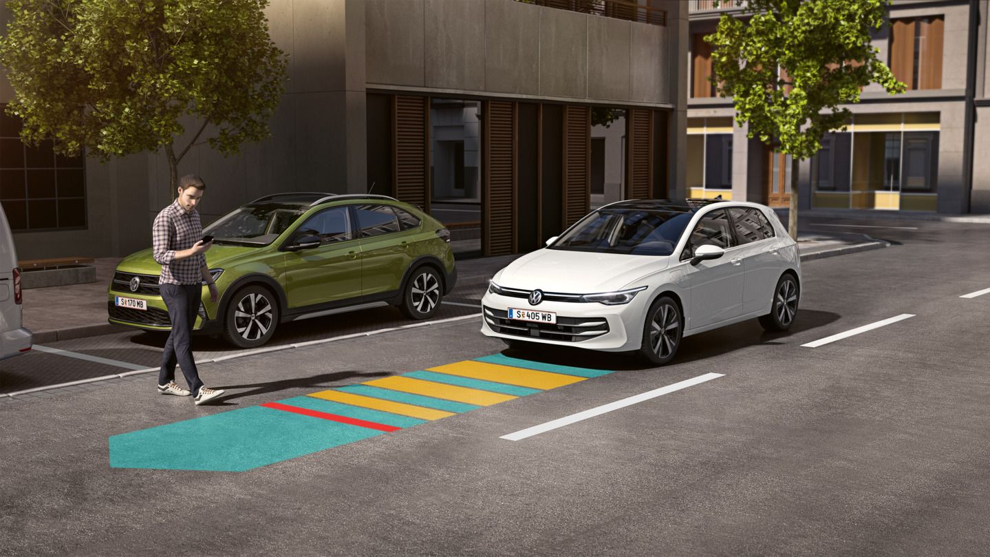 Illustration zeigt schematisch anhand eines VW Golf die Funktionsweise der Ausstiegswarnung.