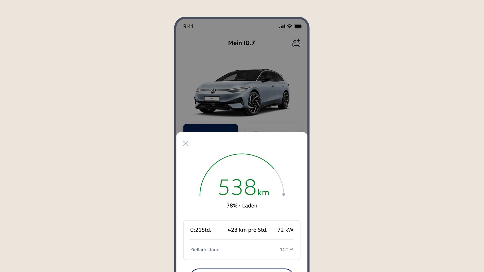 Tekintse meg a Volkswagen alkalmazásban a hatótávolságot, töltési folyamatot és a célzott töltési állapotot.