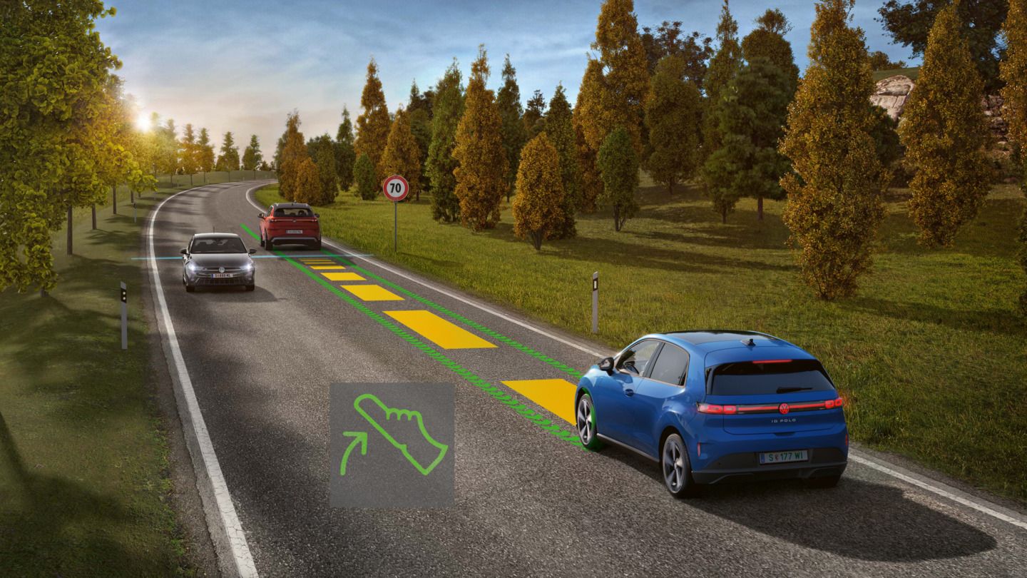 Az illusztráció sematikusan, egy kék VW ID. Polo példáján mutatja be az Eco-asszisztens működését.
