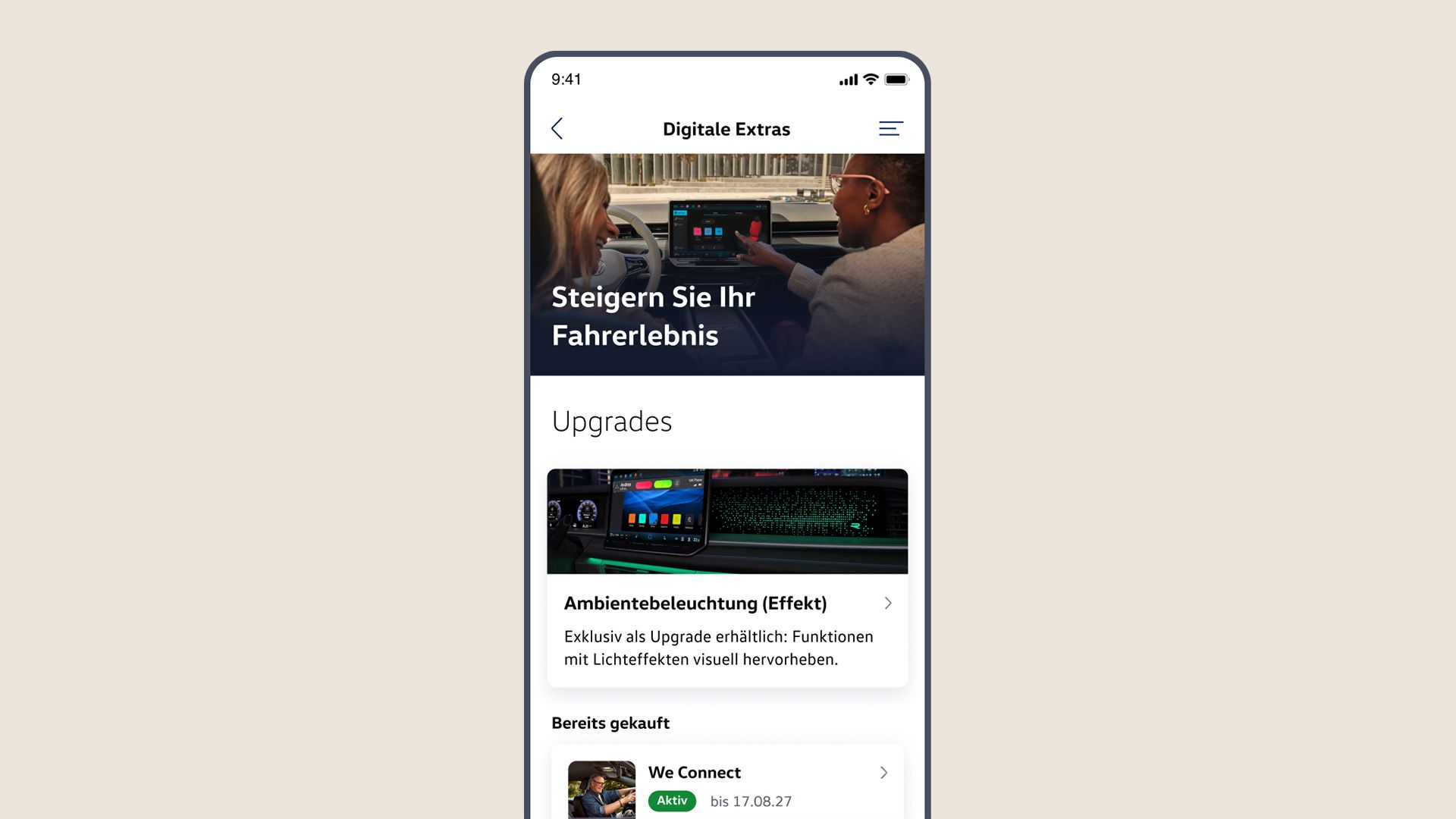 „Digitális extrák” nézet a Volkswagen alkalmazásban a rendelkezésre álló Upgrades áttekintésével.