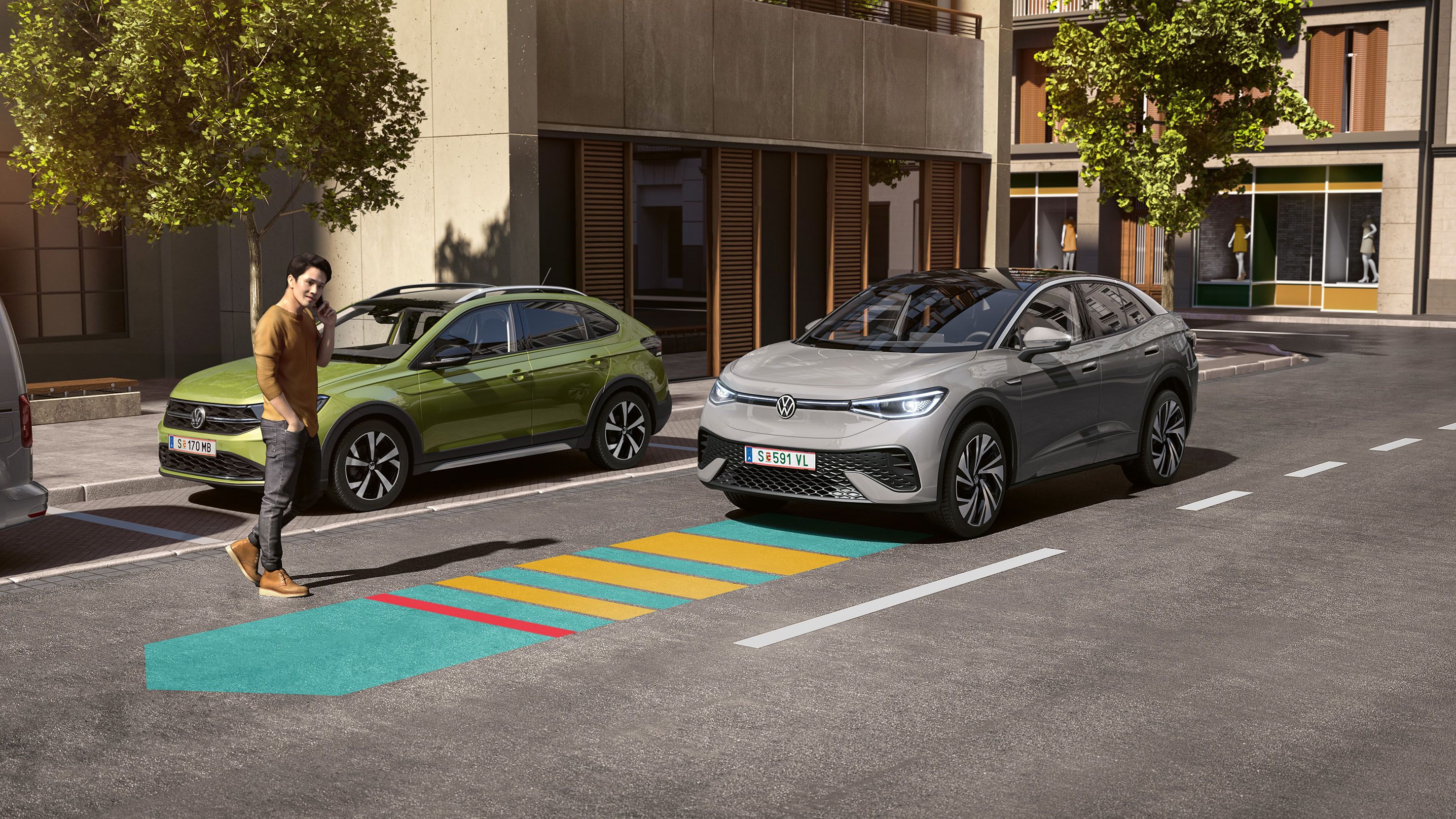 Az illusztráció sematikusan, egy VW ID.5 példáján mutatja be a „Front Assist” működését.